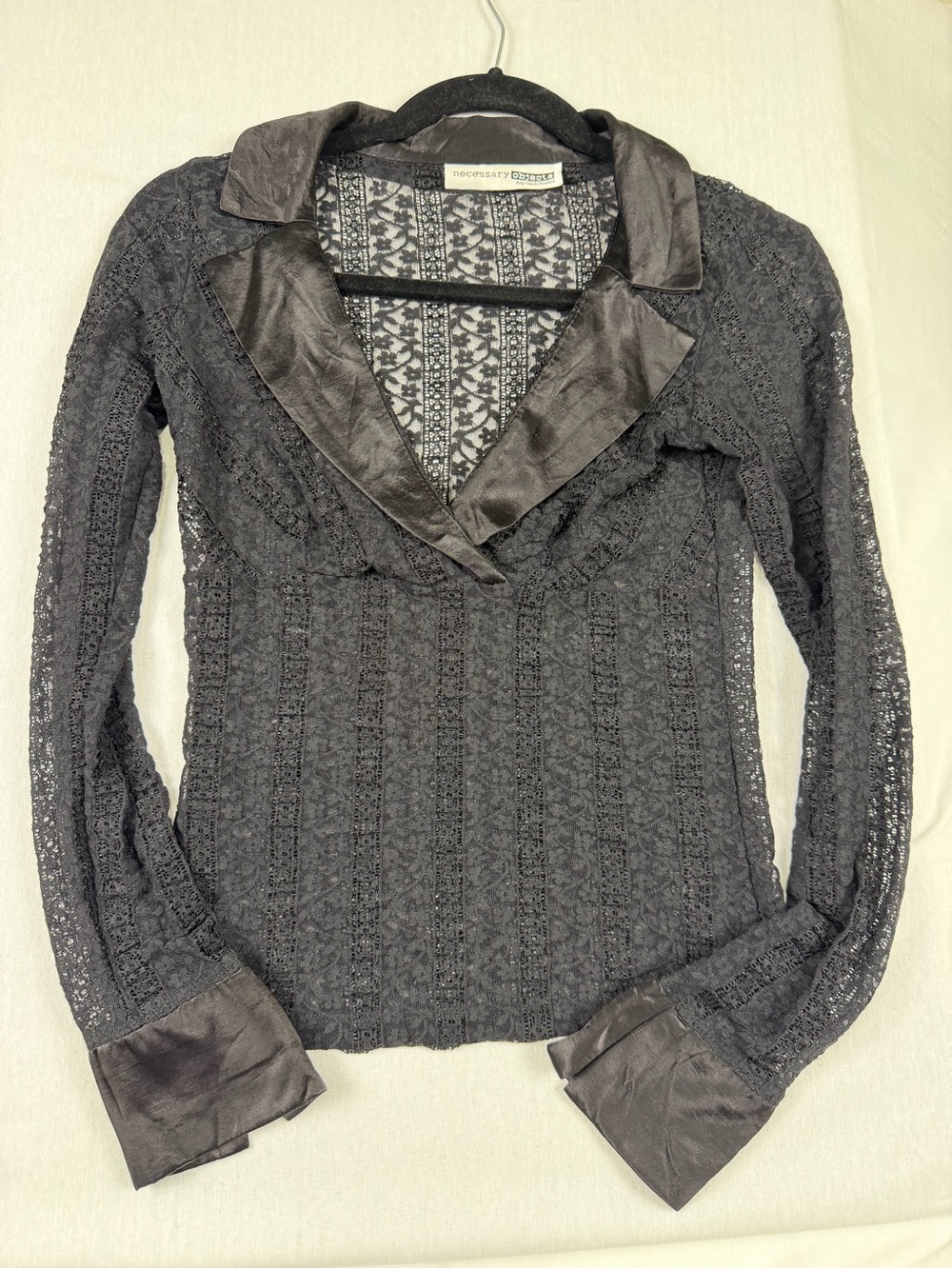 Necessary Objects Black Lace Top Sheer Goth Romantic Y2K Satin Collar